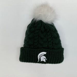 New Era Dark Green Knit MSU Beanie with White Pom-Pom